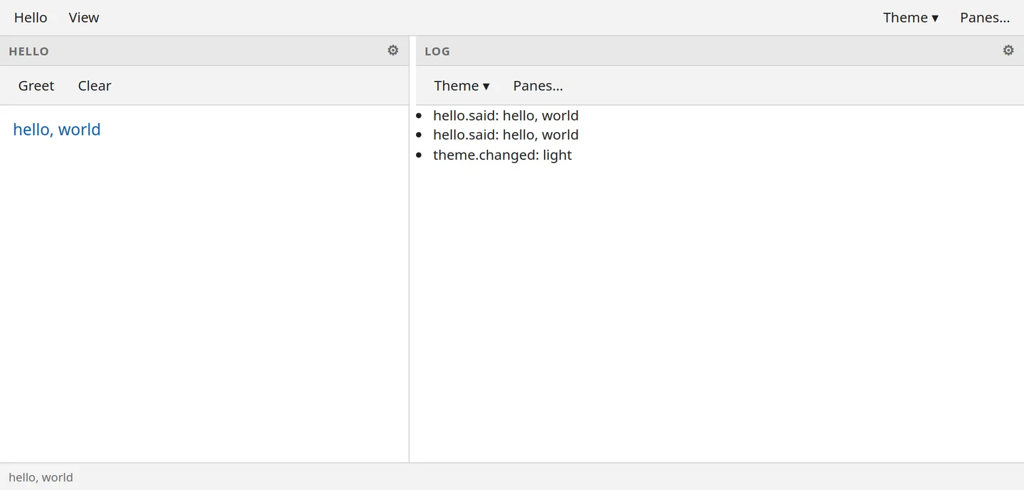 The same window in the light theme: white panes, dark text and the greeting in a darker blue. The Log pane now also lists theme.changed: light.