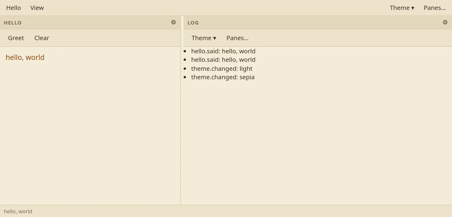 The same window in a sepia theme: cream panes, brown text and the greeting in rust. The Log pane lists the two greetings, then theme.changed: light and theme.changed: sepia.
