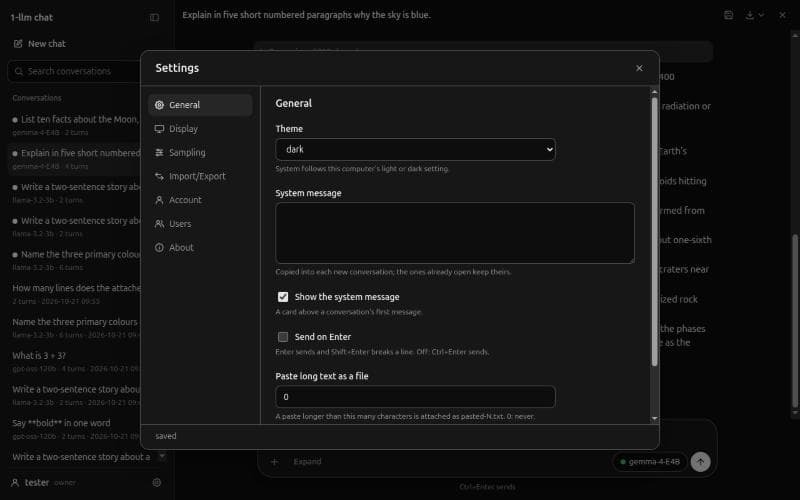 The Settings dialog of the web chat, open on General: a theme picker, a system message box, and switches for showing the system message and sending on Enter. A list on the left names General, Display, Sampling, Import and Export, Account, Users and About.