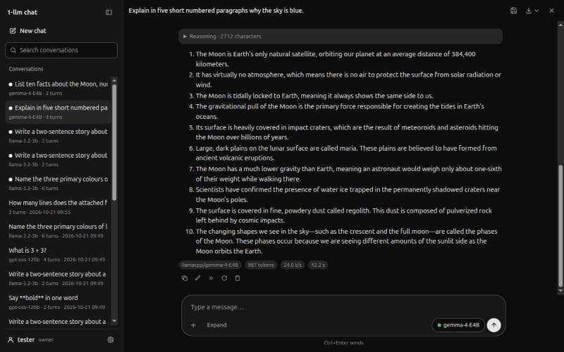 The 1-llm web chat in its dark theme. A sidebar holds a New chat button, a search box and a list of conversations. The header over the main pane reads 'Explain in five short numbered paragraphs why the sky is blue.', the title of the conversation. The main pane shows a finished numbered answer, a list of facts about the Moon, with its reasoning folded away above it, badges for the model, token count and speed and action buttons under it, and a message box with a model picker.