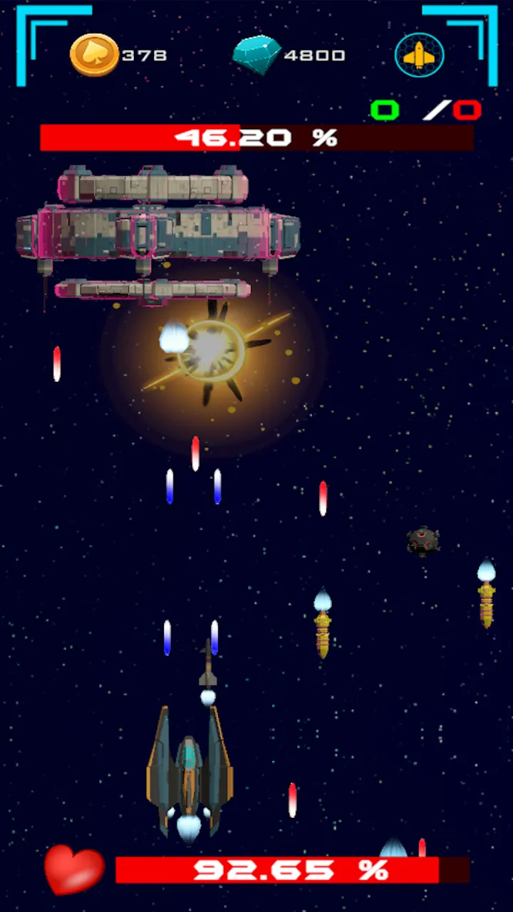 A boss fight in space. A wide pink and grey boss ship fills the top, with a red health bar at 46.20 percent above it. An explosion glows below it, and blue and red bullets and a missile cross the screen. The player's ship at the bottom has a health bar at 92.65 percent.