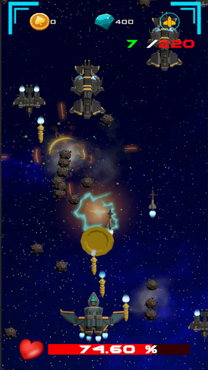 The player's ship at the bottom of the screen, among dark grey enemy fighters, a column of spiked mines, an electric blast and a gold coin pickup. A counter at the top right reads 7 of 220, and the player's health bar reads 74.60 percent.