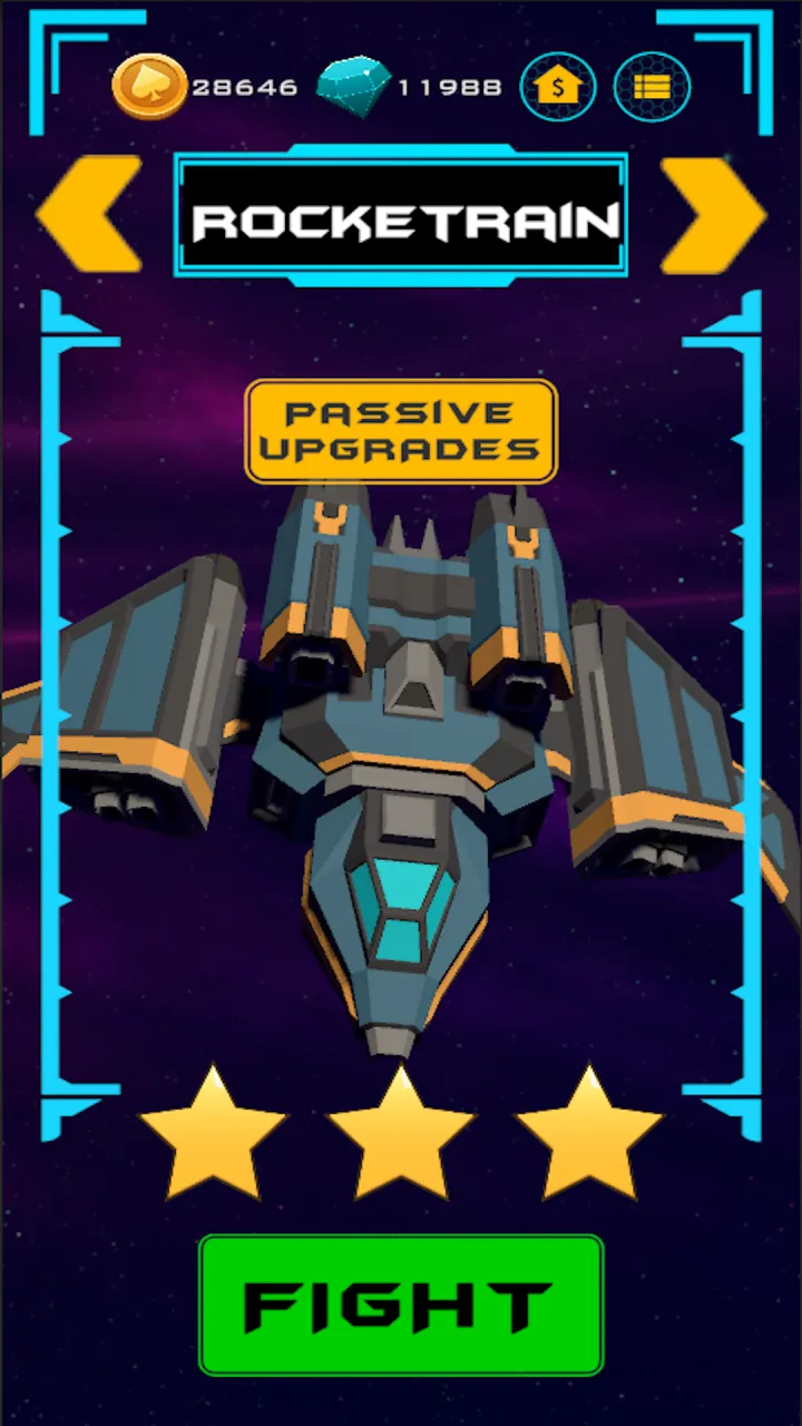 The ship hangar. A name plate reading Rocketrain, with a yellow arrow on each side, sits above a blue and orange blocky spaceship in a cyan frame. A Passive Upgrades button sits above the ship, three gold stars below it and a green Fight button under those. Coin and gem counters run along the top.