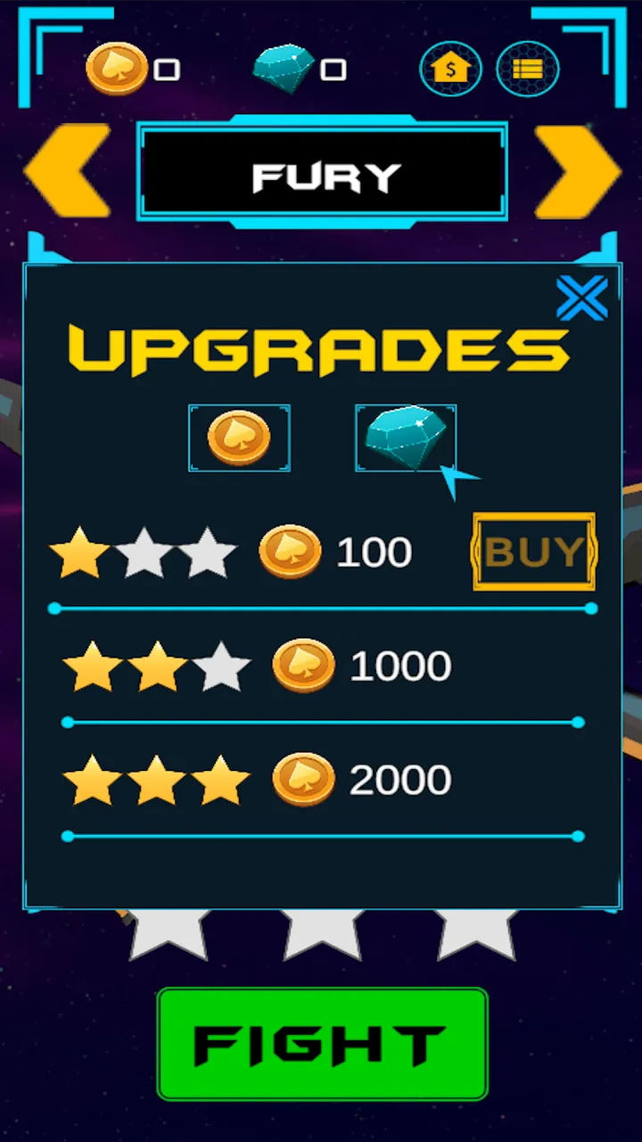 The Upgrades panel open over the hangar for a ship named Fury. A coin icon and a gem icon above the rows pick the currency. The three rows show one, two and three gold stars, with coin prices of 100, 1000 and 2000, and a Buy button on the first row.