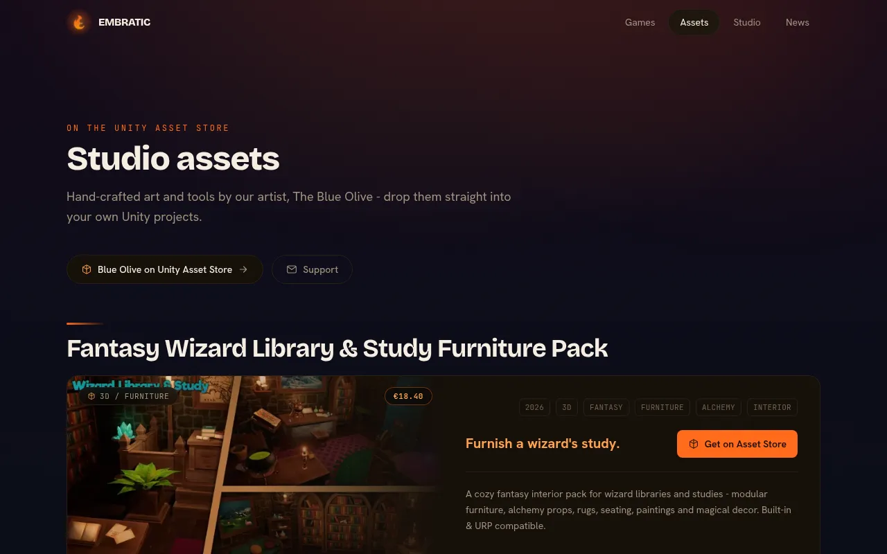 The assets page: “Studio assets”, on the Unity Asset Store, with a button to Blue Olive's store page, then the first pack, the Fantasy Wizard Library & Study Furniture Pack, with its picture, tags, price and a Get on Asset Store button.