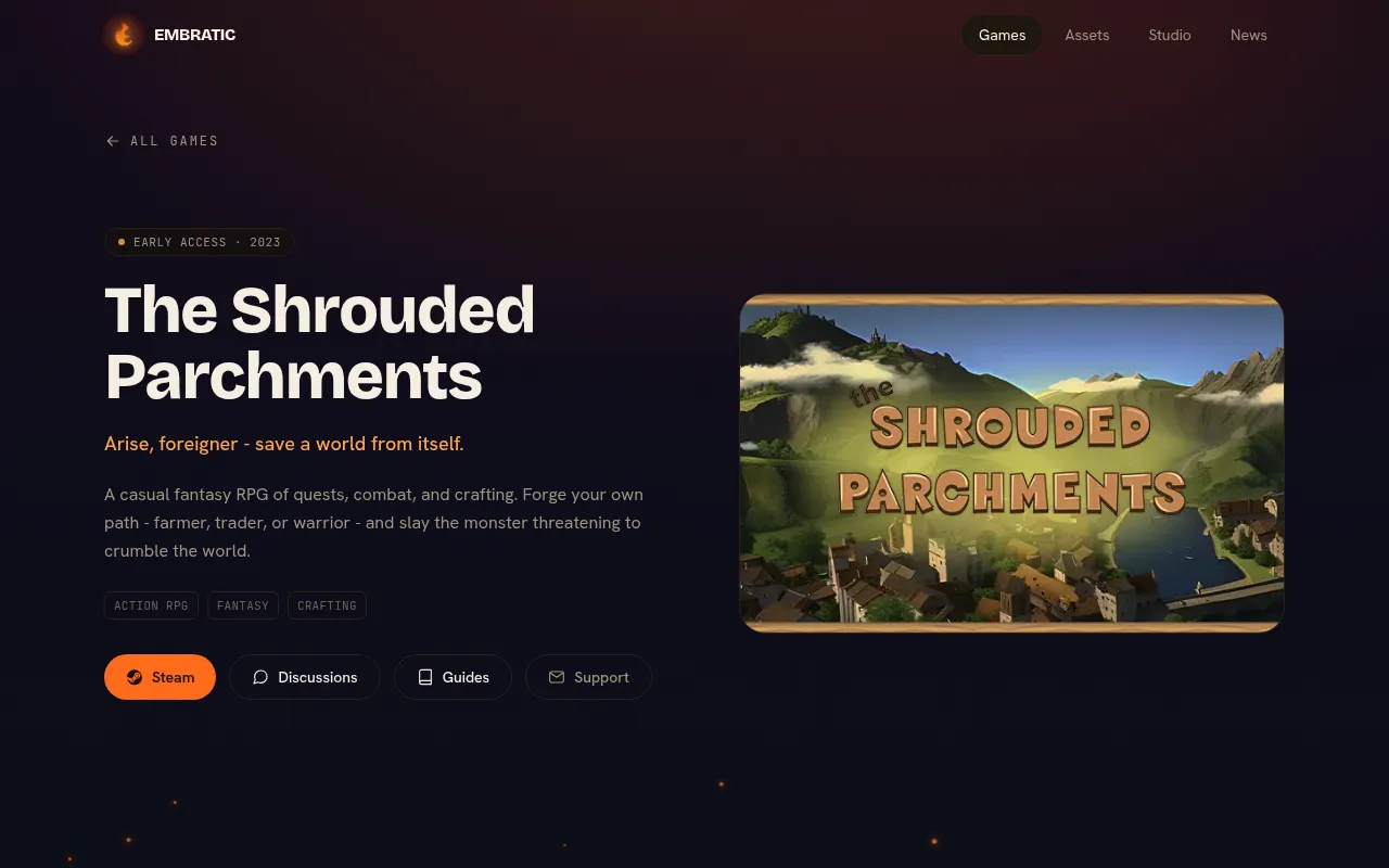 The Shrouded Parchments' page: marked Early access, 2023, with its tagline, a short description, three tags and buttons for Steam, Discussions, Guides and Support, beside the game's key art of a valley with the title on it.