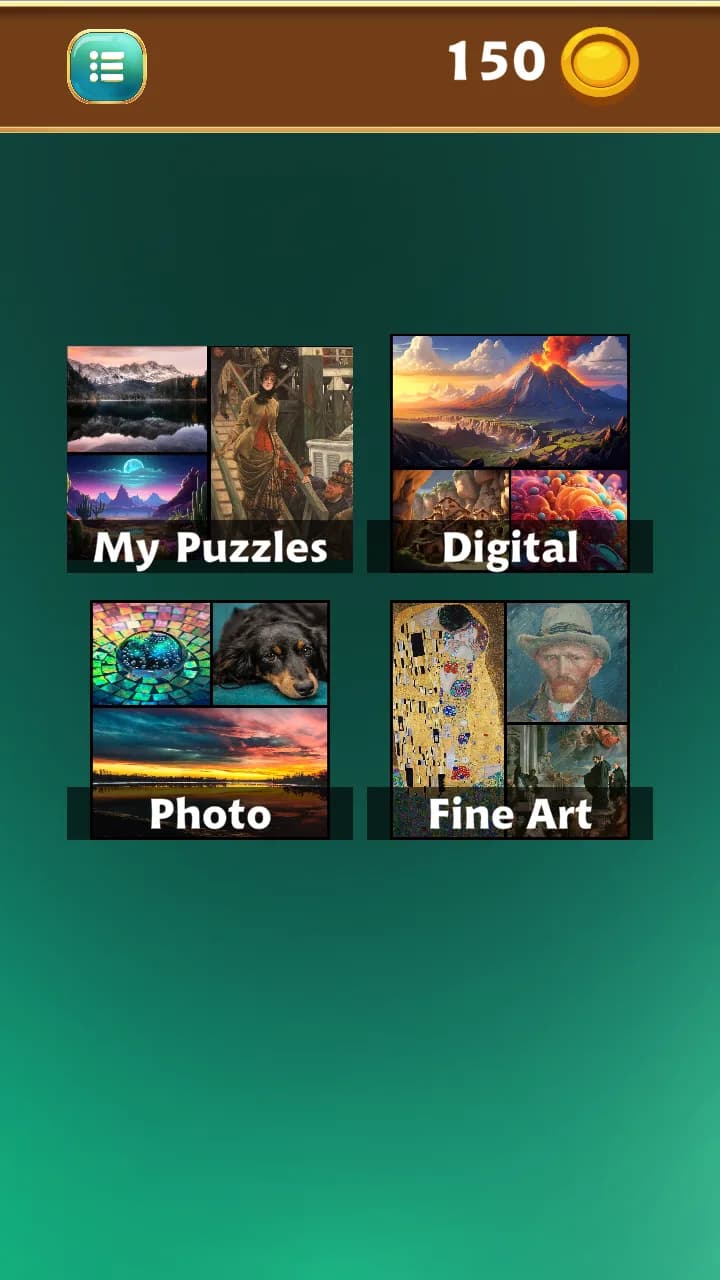 The categories screen. Four tiles on a green background, each a collage of puzzle images: My Puzzles, Digital, Photo and Fine Art. The Fine Art tile shows Klimt's The Kiss and a Van Gogh self-portrait. A coin counter reading 150 sits in the brown bar at the top.