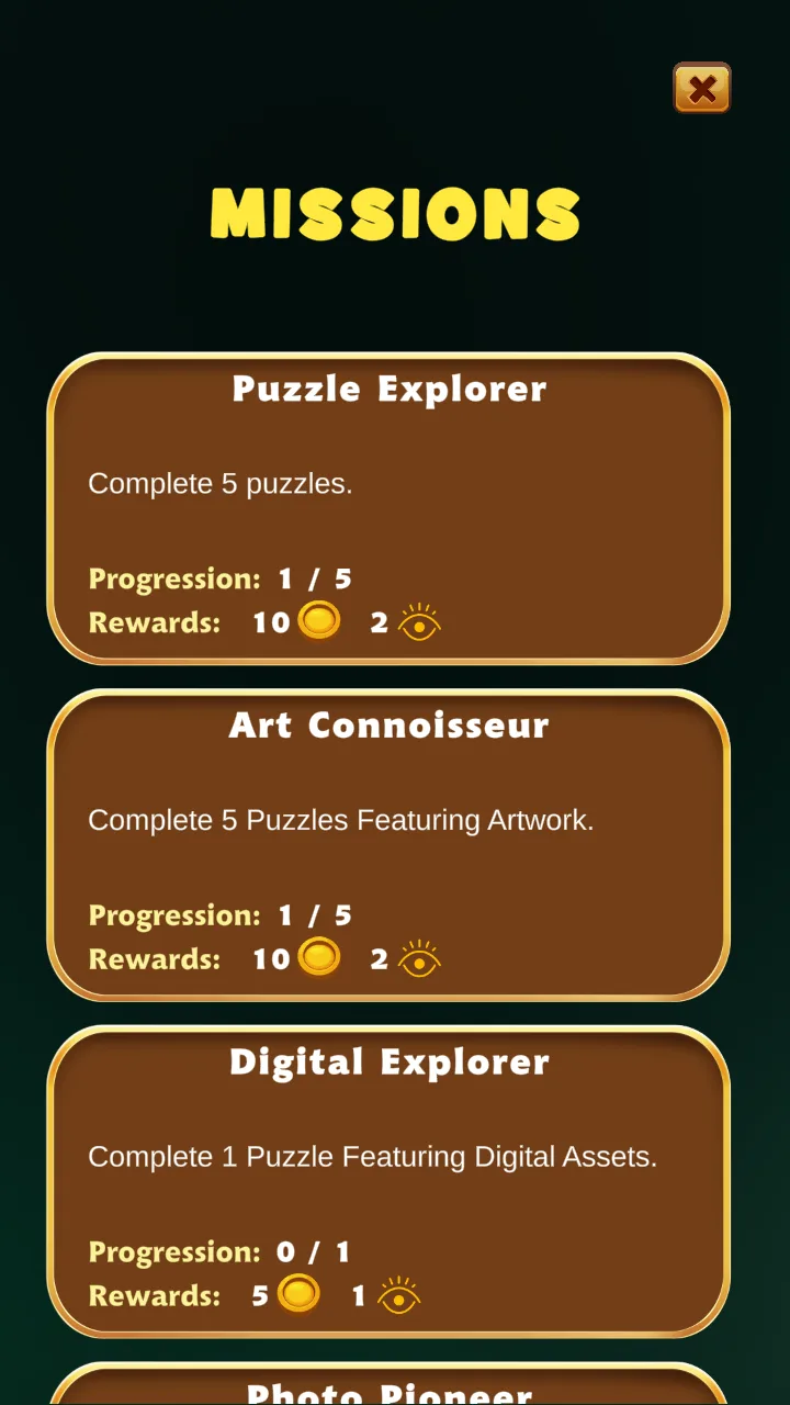 The Missions screen. Three brown cards, with the top of a fourth below them: Puzzle Explorer, complete 5 puzzles, progress 1 of 5; Art Connoisseur, complete 5 puzzles featuring artwork, 1 of 5; Digital Explorer, complete 1 puzzle featuring digital assets, 0 of 1. Each card lists its reward in coins and hints.