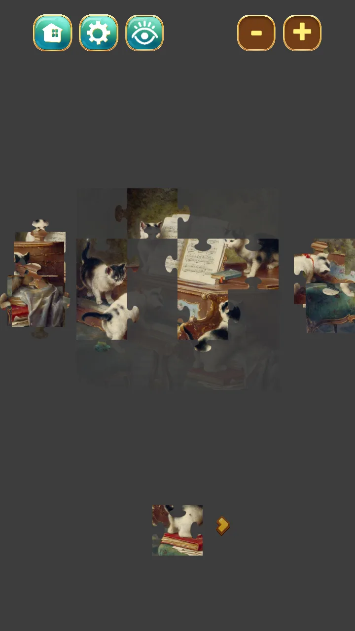 A 16-piece puzzle of Carl Reichert's The Kittens' Recital, six pieces in. The placed pieces show kittens on a piano and an open music book over a faint ghost of the whole painting. Loose pieces are stacked at the left and right edges, and one waits in a tray at the bottom. Home, settings and hint buttons sit at the top left, zoom buttons at the top right.