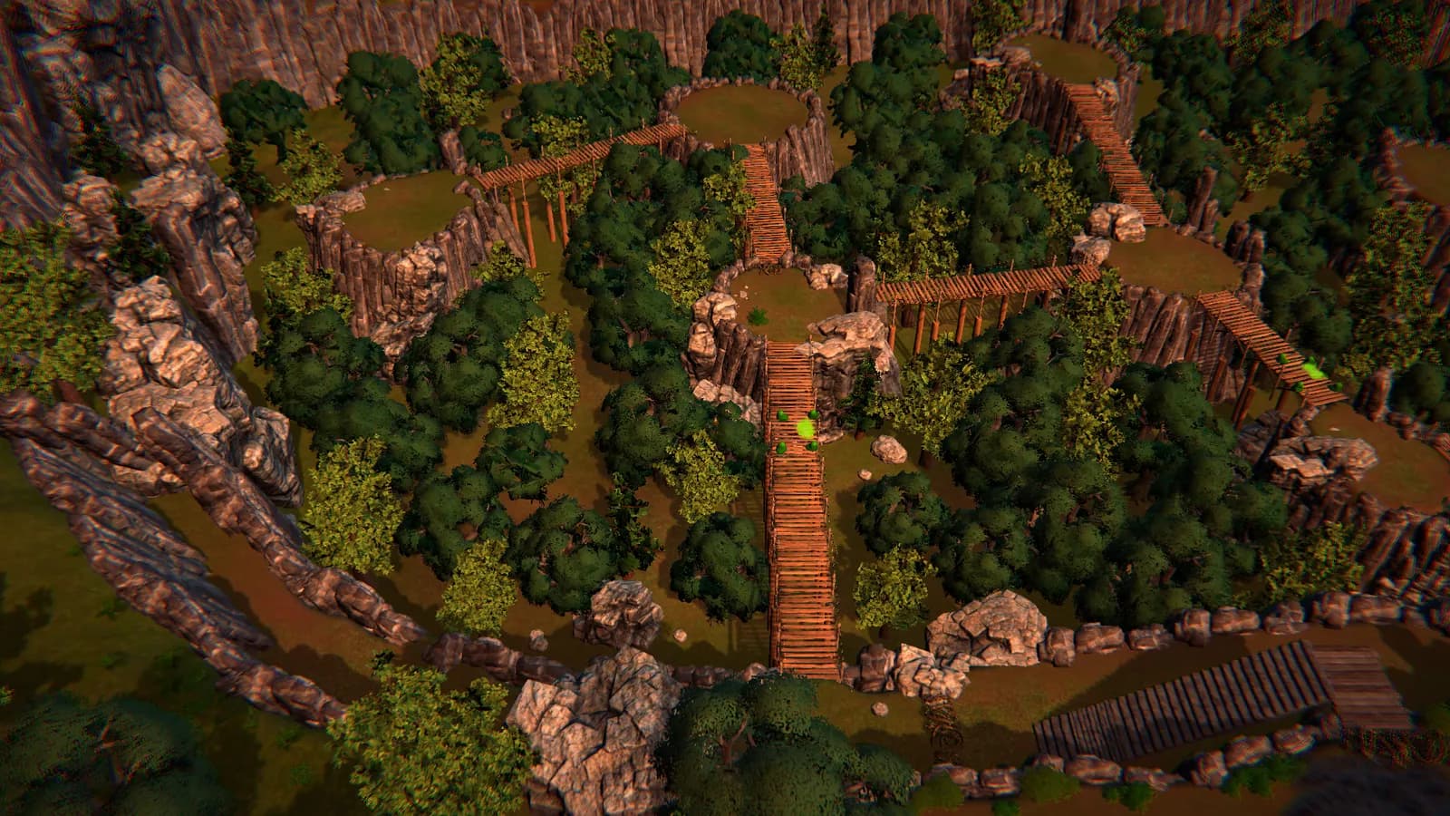 An aerial view of a forested basin ringed by tall rock walls. Grass-topped plateaus stand among the trees, joined by wooden rope bridges and plank stairs, and small green shapes sit on two of the bridges.