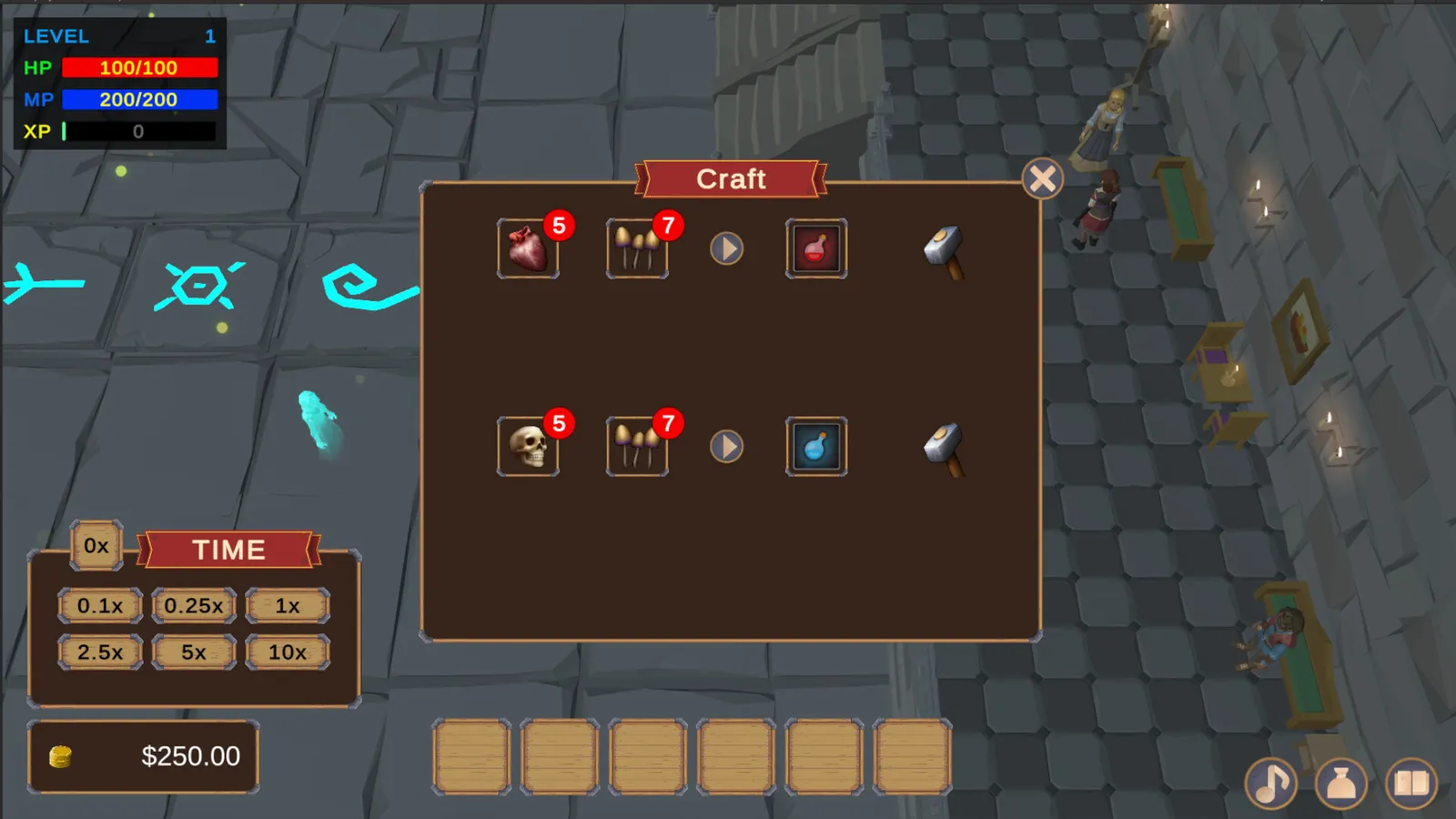 A crafting window open over a stone-floored hall with glowing cyan runes. Two recipe rows each show two ingredients with red count badges, an arrow, a potion, red in the first row and blue in the second, and a hammer. A time-speed panel with buttons from 0.1x to 10x sits at the bottom left, above a purse showing $250.00.