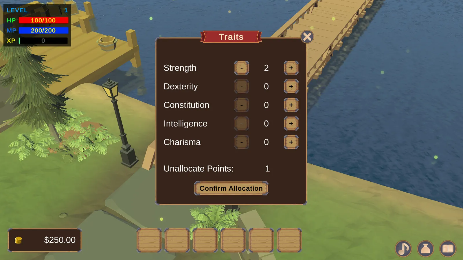 A traits window open beside a wooden jetty and a lamp post on a lake shore. It lists Strength, Dexterity, Constitution, Intelligence and Charisma, each with minus and plus buttons. Strength is 2 and the rest are 0. Below them, Unallocate Points reads 1, above a Confirm Allocation button.