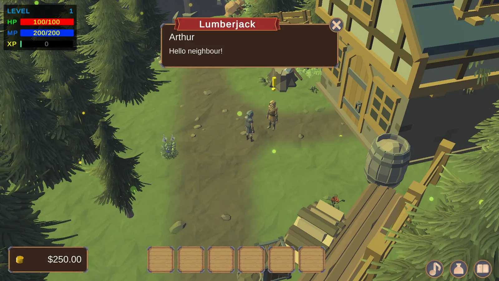 A village clearing seen from above, among tall pines and beside a timber-framed house with a large barrel at its corner. Two characters stand on the path, and a yellow exclamation mark floats over a stump behind them. A dialogue box titled Lumberjack reads: Arthur, Hello neighbour. Level, health, mana and experience bars sit at the top left, a coin purse at the bottom left, and an empty row of six slots along the bottom.