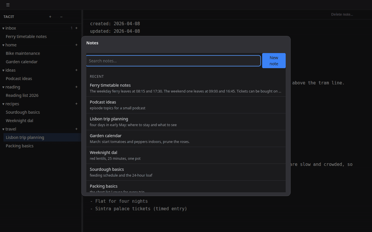 The Tacit window with the Notes dialog open over a note: a search box and a New note button, and a Recent list of demo notes, each with its title and a one-line hook. A sidebar on the left lists the folders inbox, home, ideas, reading, recipes and travel, open, with the notes in each.