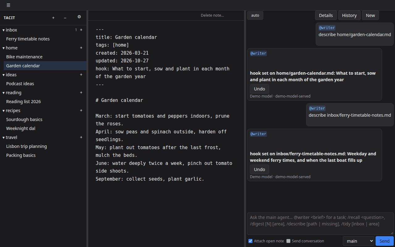 The Tacit window with the AI pane on the right showing two rows, each reading 'hook set on' a note, with the new one-line hook, an Undo button and the name of the demo model. The note in the editor, opened again after the change, shows the new hook line in its frontmatter.